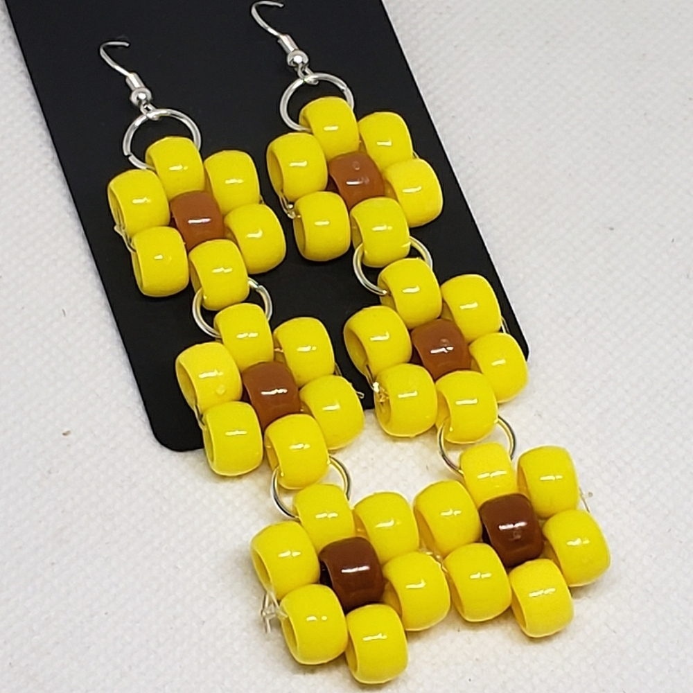 Handmade Yellow Brown Sunflower Kandi Flower Dangle Earrings